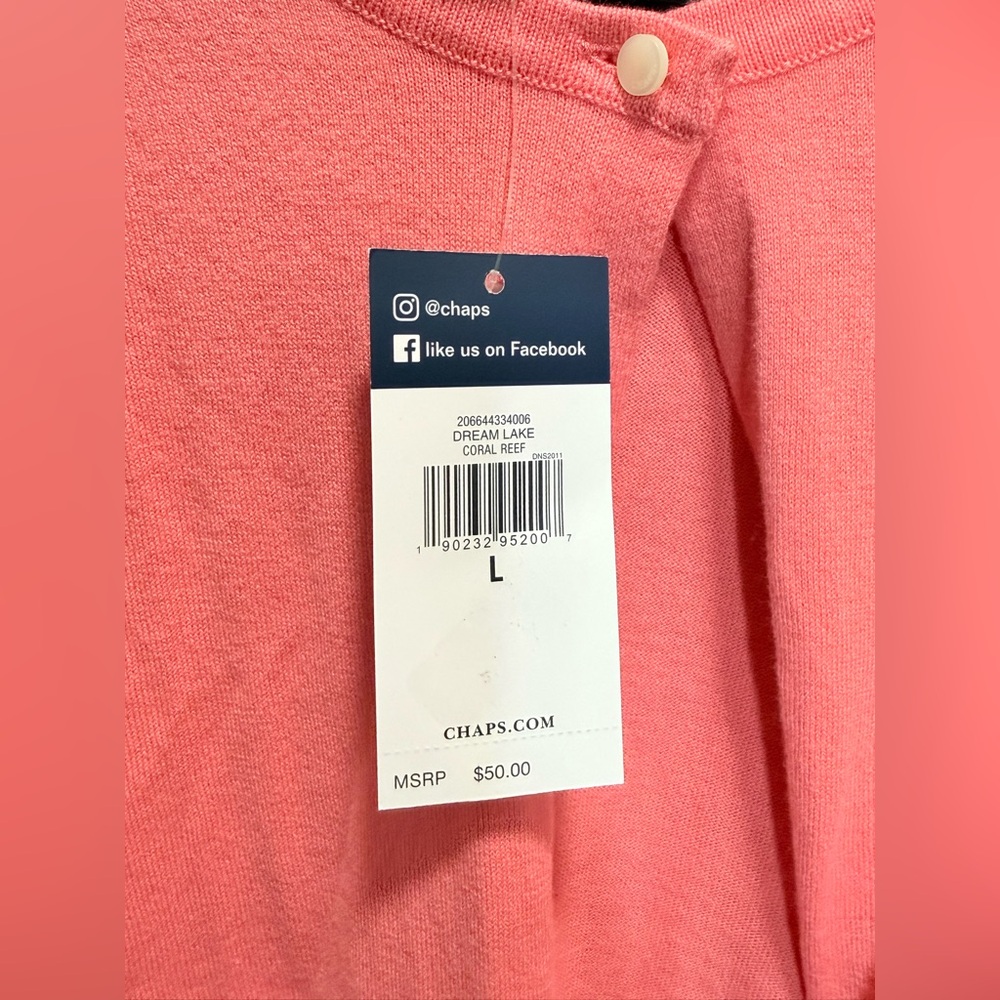 CHAPS Coral Pink Cotton Cardigan Sweater Size L NWT - Picture 9 of 9